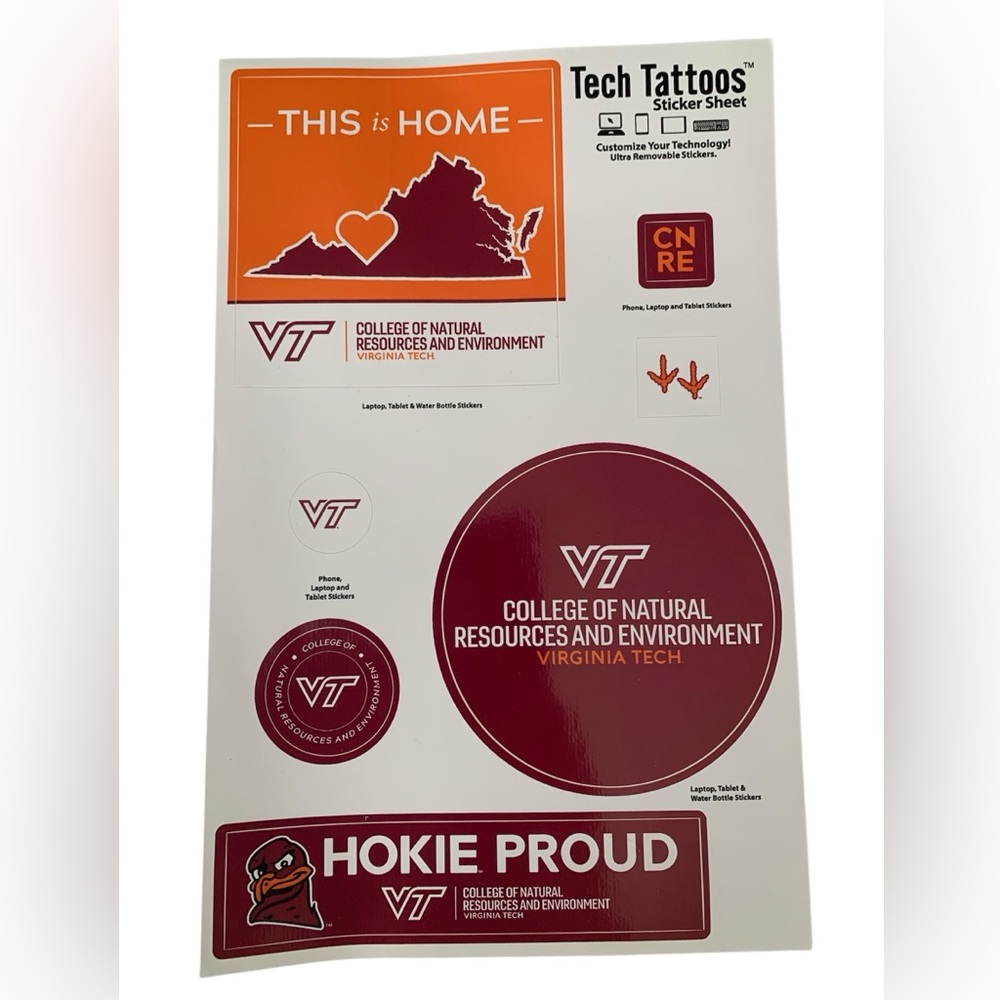 NWOT Virginia Tech 7 Sticker Sheet for Tech Hokie Laptop Tablet Water Bottle Red